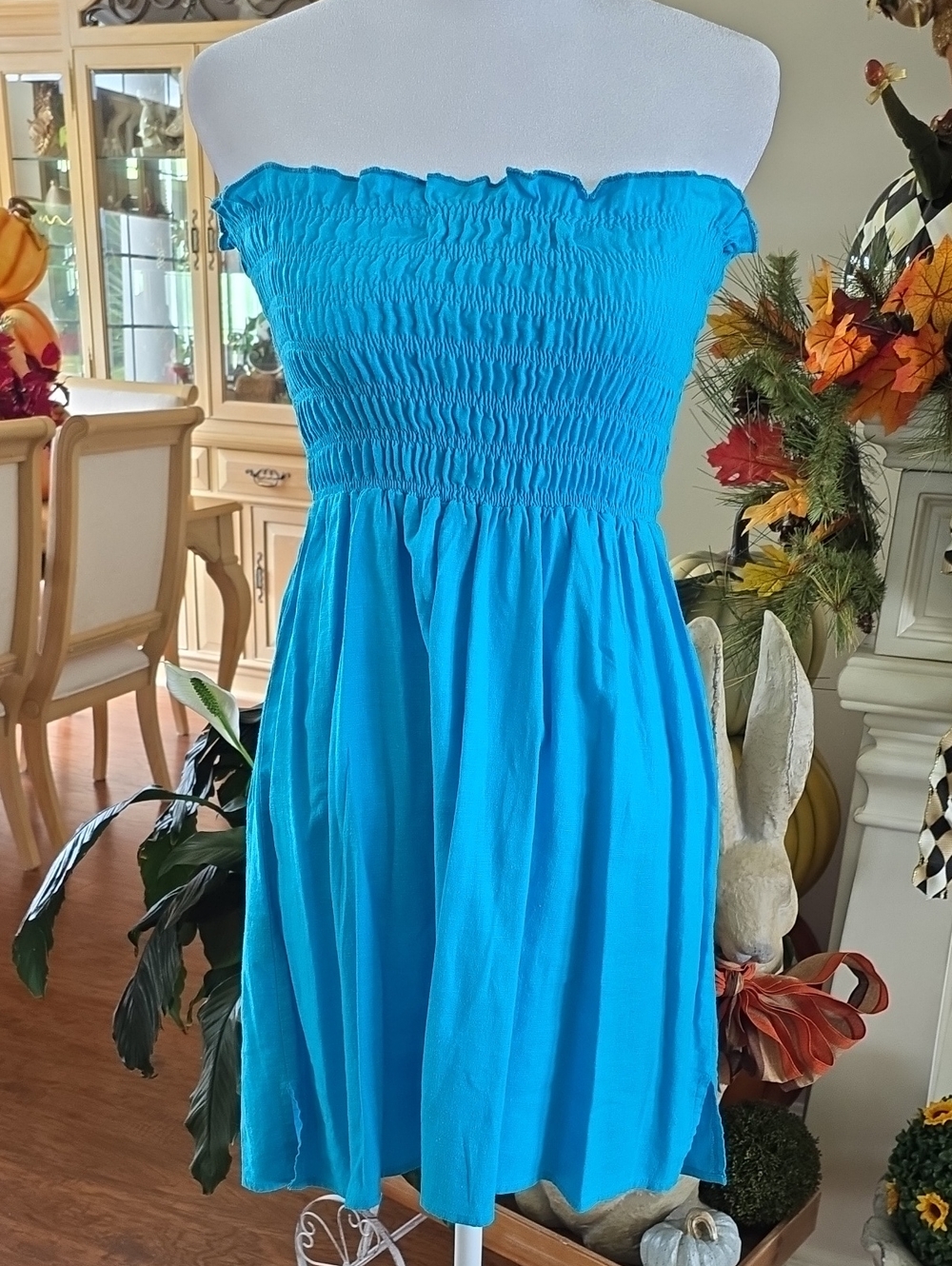 Ashley By 26 International Strapless Smocked Teal Blue And Pink Top